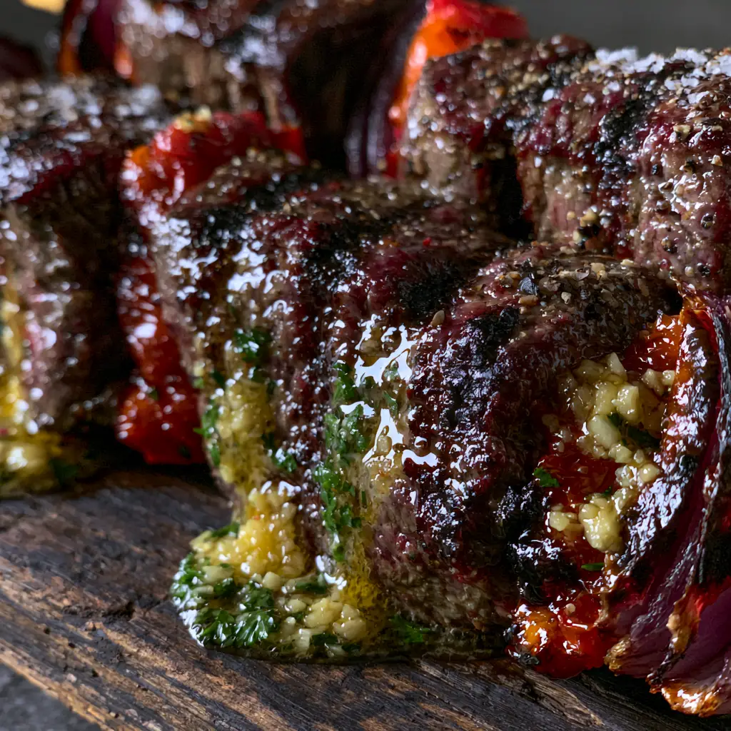 Steak Kabobs with Melting Garlic Herb Butter and Blistered Peppers 2 Extreme macro close-up of seared steak kabobs showing deep charred grill marks, glistening butter, and green parsley flakes. (steak kabobs)
