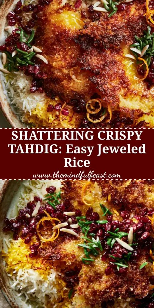 Persian Jeweled Rice (Javaher Polo) with Crispy Saffron Tahdig 4 Overhead view of Persian Jeweled Rice on a rustic platter featuring jagged golden tahdig shards, ruby barberries, and emerald pistachios.