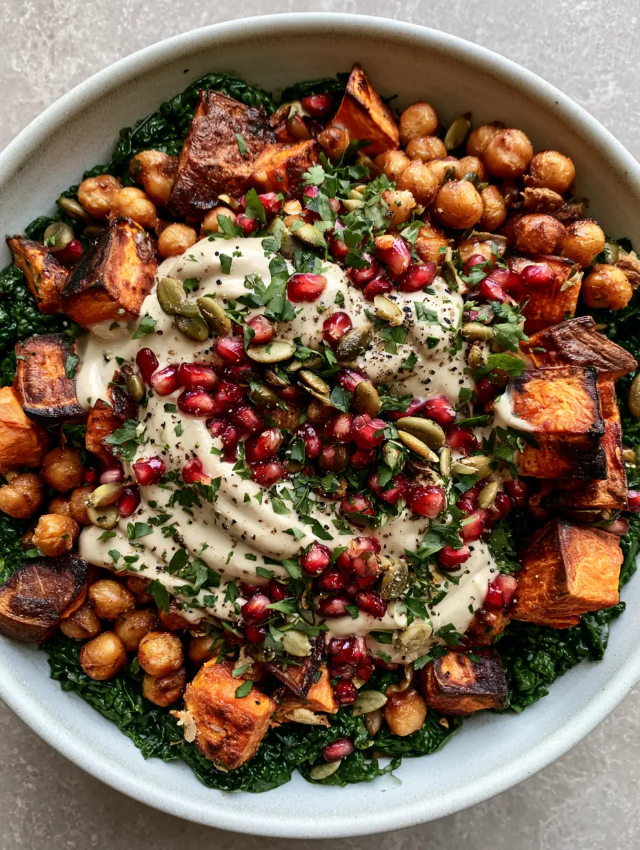 Sweet Potato and Chickpea Salad with Creamy Lemon Tahini Dressing 3 Top-down view of a vibrant harvest salad in a white ceramic bowl with sweet potato and chickpea salad components clearly visible.