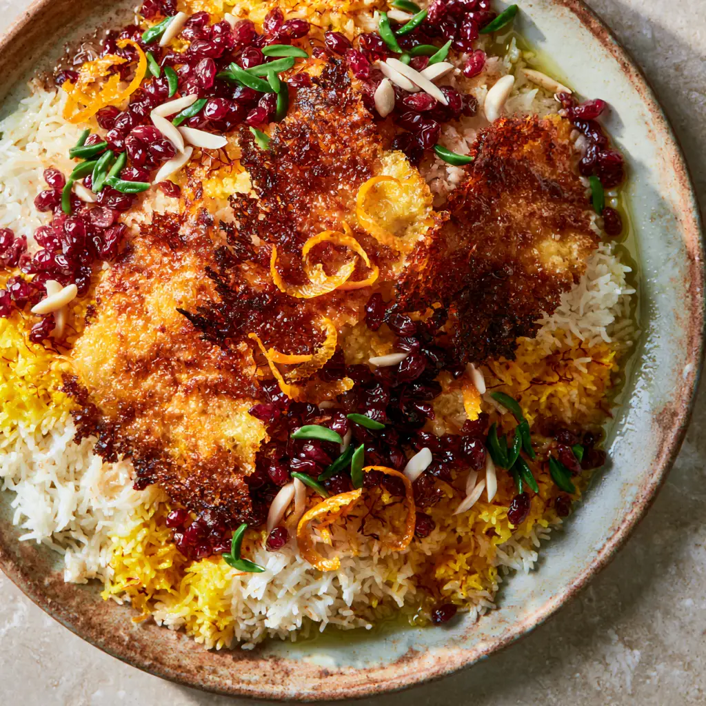 Persian Jeweled Rice (Javaher Polo) with Crispy Saffron Tahdig 2 Close-up of Persian Jeweled Rice showing individual snowy white and saffron grains with glistening toppings.