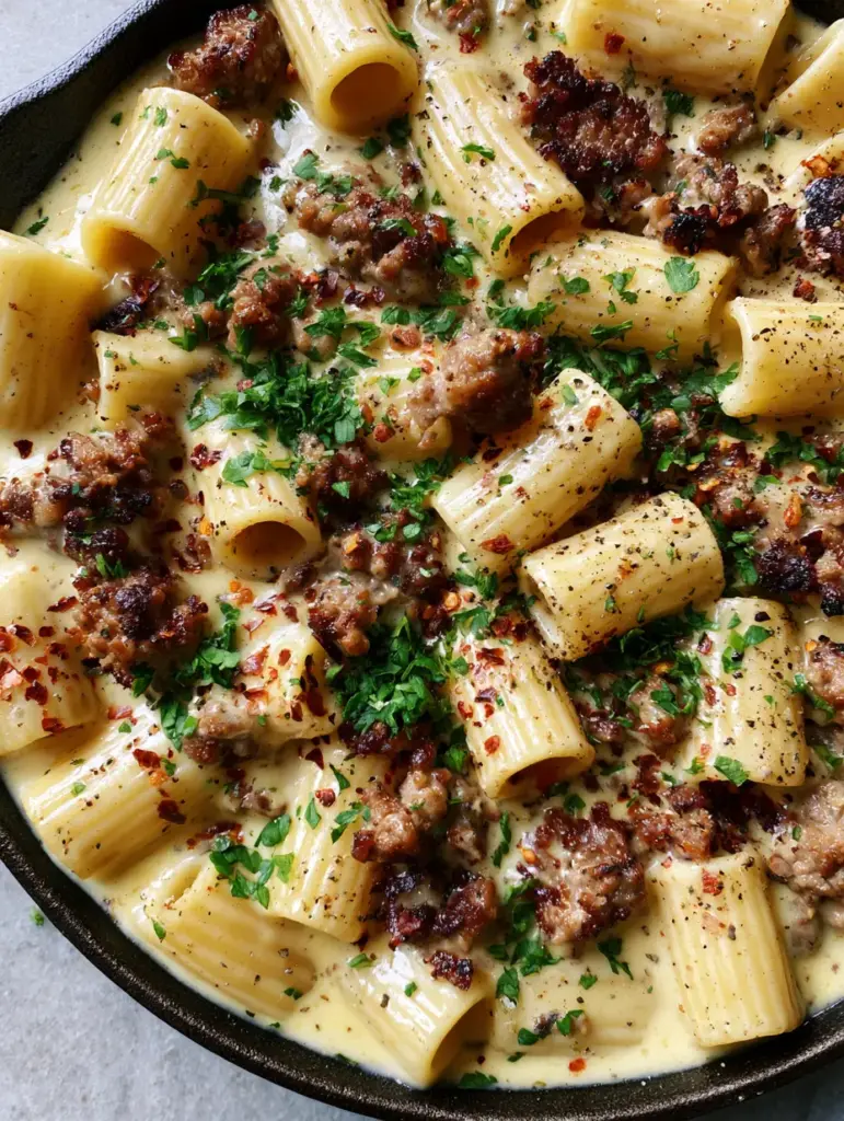 One-pot garlic butter beef pasta garnished with parsley and red pepper flakes in a cast iron pan.