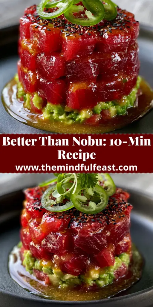 Nobu Tuna Tartare: A Masterclass in Silky Ahi and Spicy Miso 4 A professional cylinder stack of Nobu Tuna Tartare featuring ruby-red ahi tuna and creamy avocado on a matte black plate.