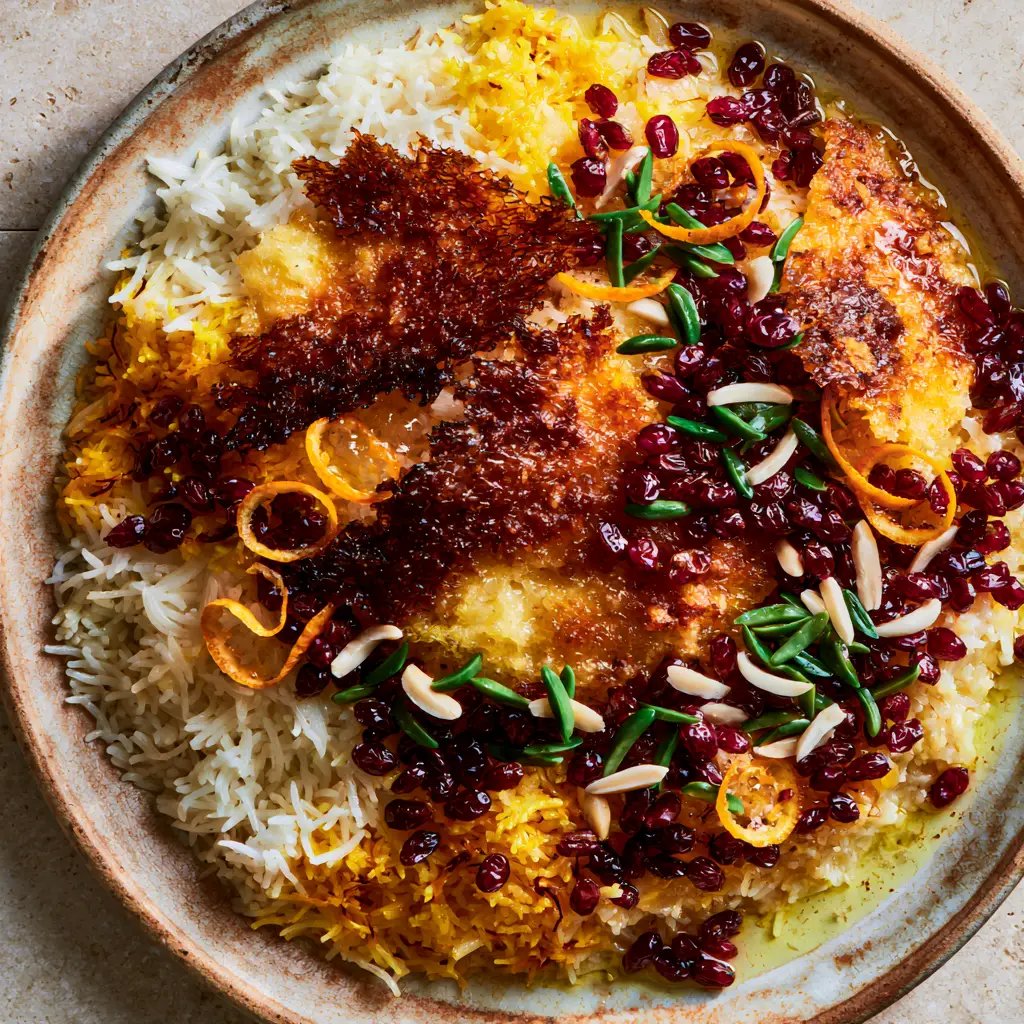 Persian Jeweled Rice (Javaher Polo) with Crispy Saffron Tahdig 1 Jagged shards of deep golden-brown Tahdig placed artfully over Persian Jeweled Rice.