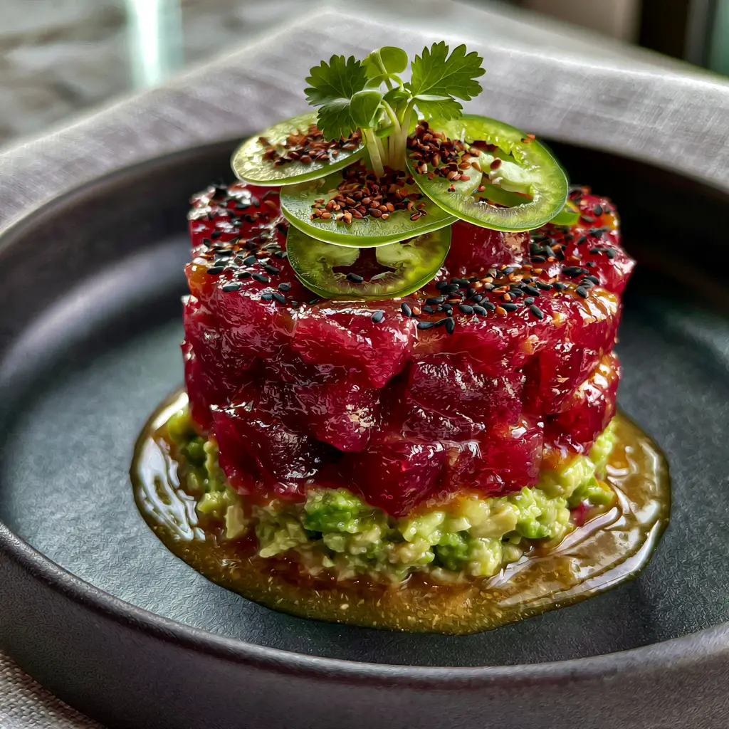 Nobu Tuna Tartare: A Masterclass in Silky Ahi and Spicy Miso 2 Close-up of glistening ahi tuna cubes coated in spicy miso glaze for Nobu Tuna Tartare.