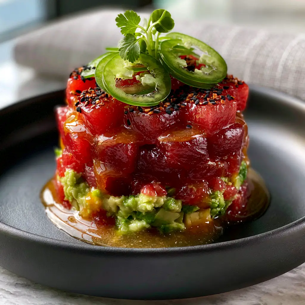 Nobu Tuna Tartare: A Masterclass in Silky Ahi and Spicy Miso 1 Top-down view of serrano pepper and micro-cilantro garnish on Nobu Tuna Tartare.