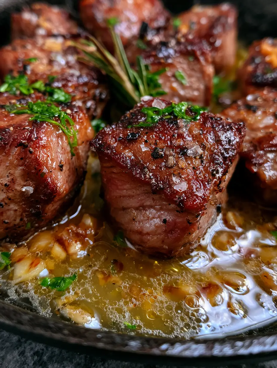 Keto Steak Recipes: The Ultimate Garlic Butter Ribeye Bites with Mahogany Crust 3 Extreme macro close-up of ribeye steak cubes with mahogany crust and salt flakes. (keto steak recipes)