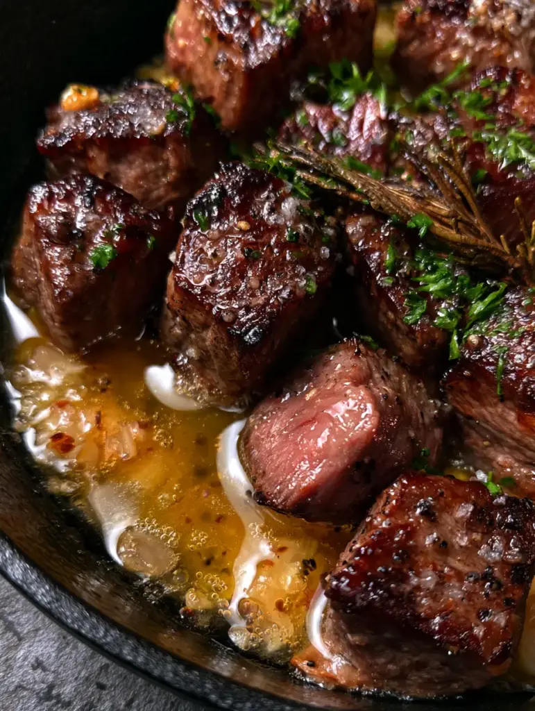 Keto Steak Recipes: The Ultimate Garlic Butter Ribeye Bites with Mahogany Crust 1 Juicy pink interior of a seared steak bite glistening with garlic butter.