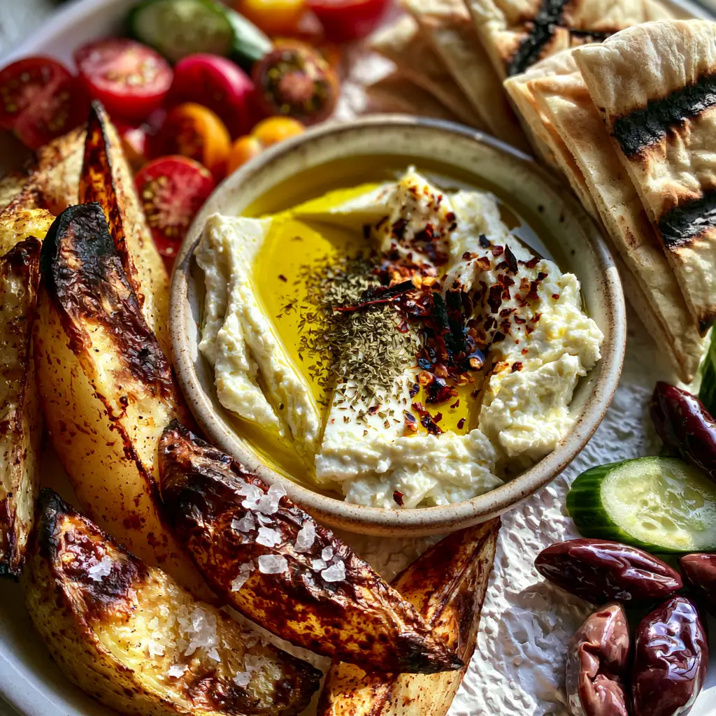 Vegetarian Greek Side Dishes: The Ultimate Whipped Feta and Blistered Lemon Potato Mezze 2 Creamy whipped feta with a deep well of olive oil and charred red pepper flakes. (Vegetarian Greek side dishes)