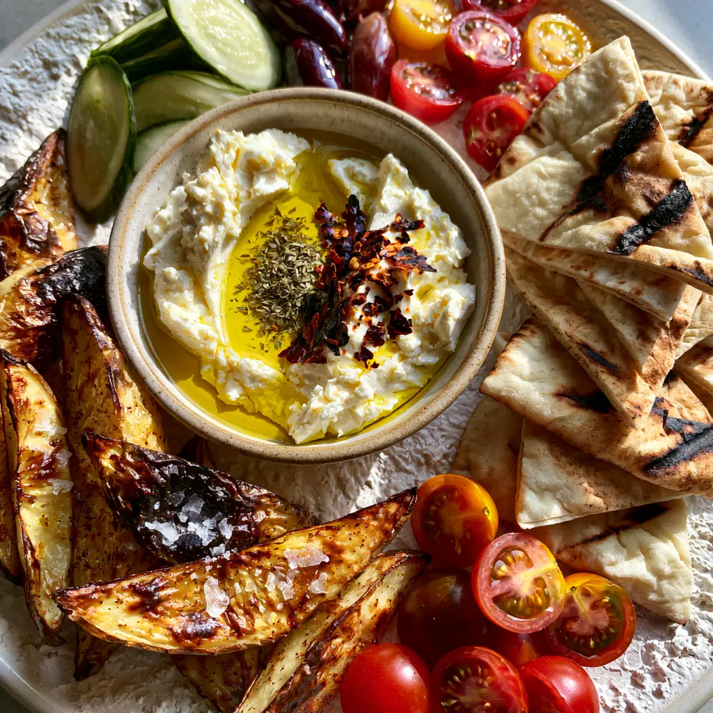 Vegetarian Greek Side Dishes: The Ultimate Whipped Feta and Blistered Lemon Potato Mezze 1 Crispy roasted lemon potato wedges with dark golden-brown blistered edges and flaky sea salt.