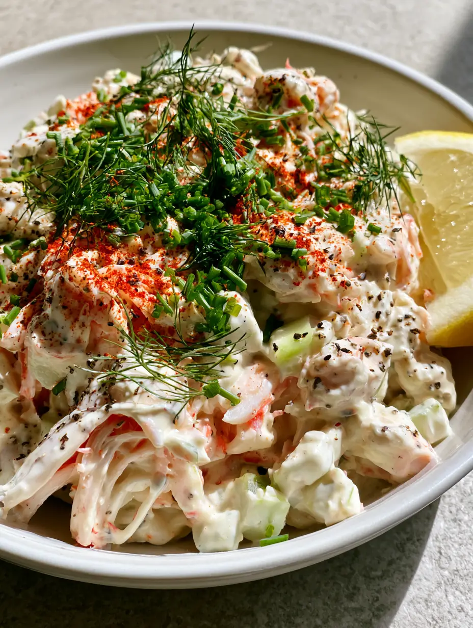 Imitation Crab Salad: The Ultimate Creamy Shredded Seafood Delight 3 Ultra-close-up of shredded imitation crab ribbons coated in thick white dressing with vibrant green herbs. (Imitation crab salad)