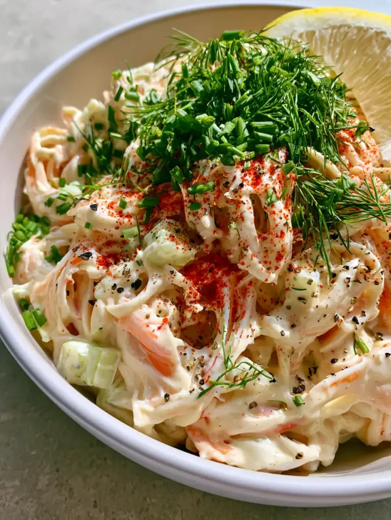 Imitation Crab Salad: The Ultimate Creamy Shredded Seafood Delight 1 A close-up of creamy seafood salad featuring cracked black pepper and smoked paprika garnish. (Imitation crab salad)