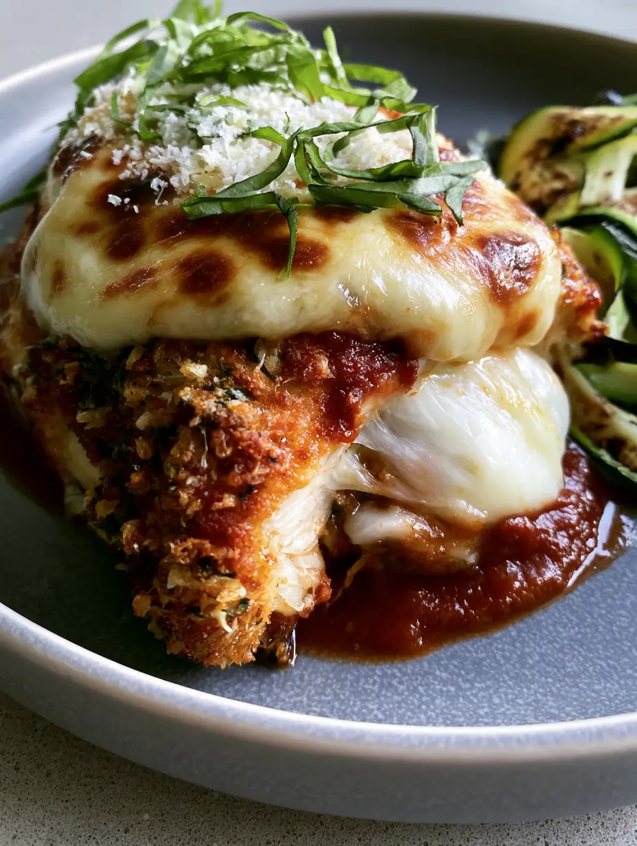 Extreme close-up of a juicy Baked Parmesan Chicken breast sliced open with steam rising and a golden-brown crust.