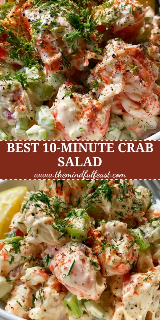 Creamy Crab Salad With Fresh Dill and Old Bay Seasoning 4 A top-down view of a creamy crab salad in a white bowl, heavily garnished with fresh dill and Old Bay seasoning.