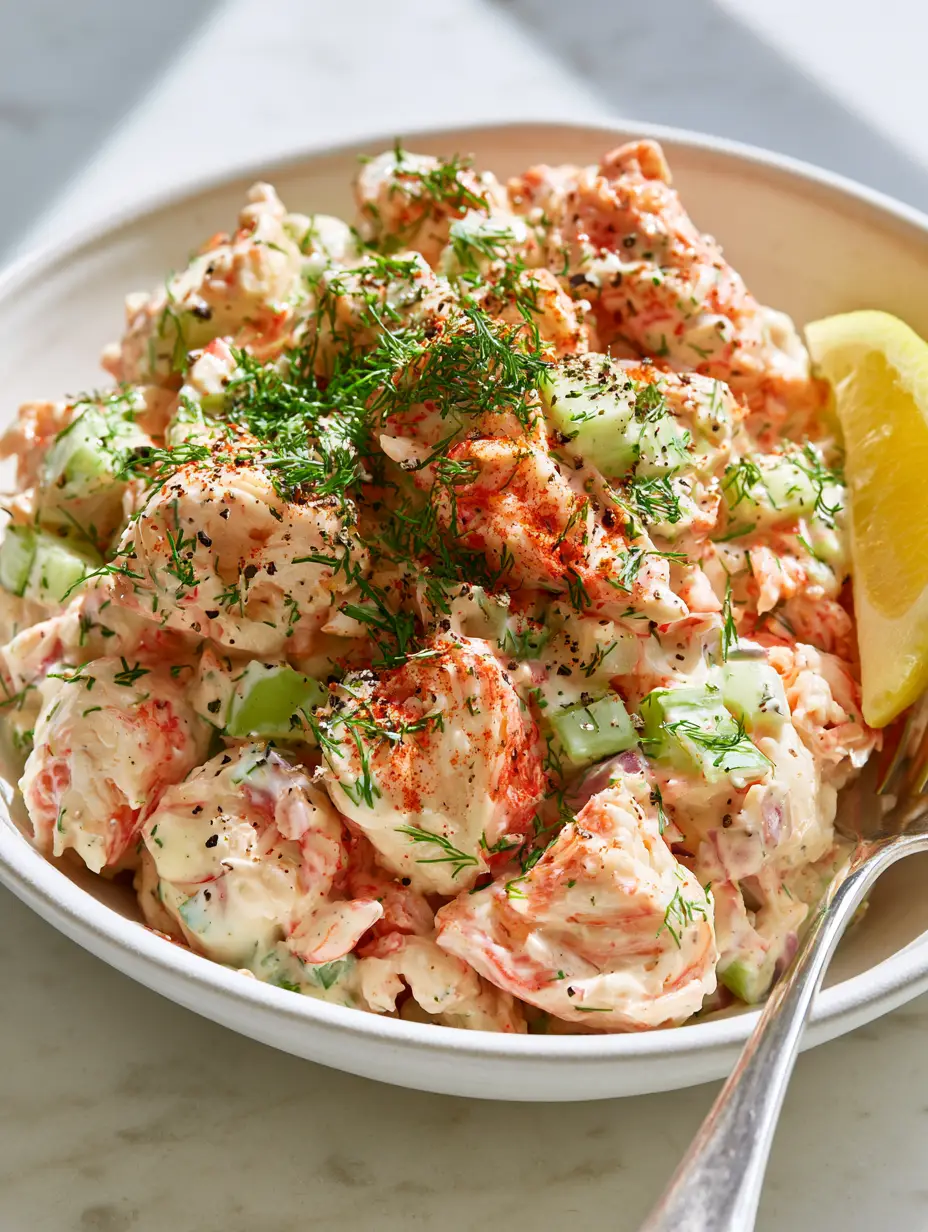 Creamy Crab Salad With Fresh Dill and Old Bay Seasoning 3 A handheld smartphone photo showing the vibrant textures of meaty imitation crab and crisp celery in a glossy dressing.