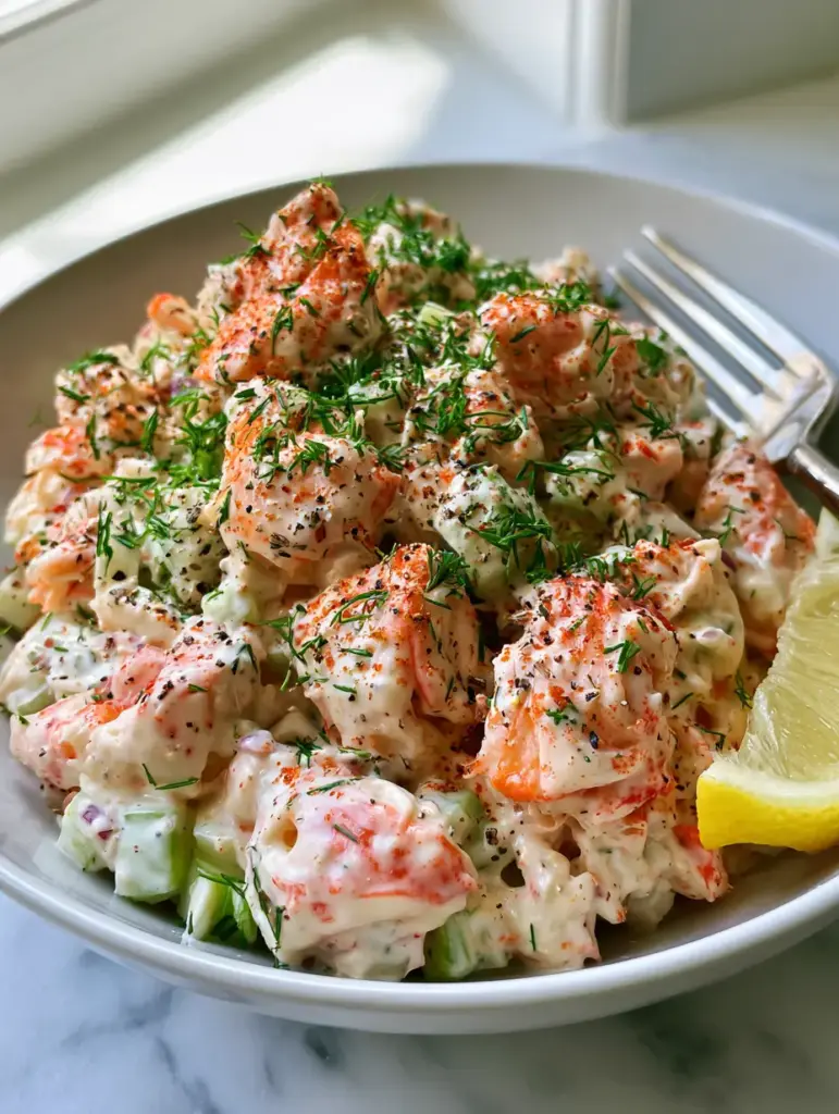Creamy Crab Salad With Fresh Dill and Old Bay Seasoning 1 A bright, natural daylight photo of creamy crab salad served in a ceramic bowl on a marble countertop with a silver fork.