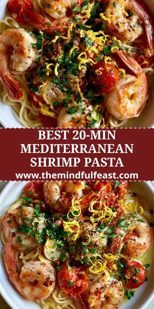 A close-up overhead shot of Mediterranean shrimp pasta featuring glossy linguine, seared pink shrimp with tails, burst cherry tomatoes, and fresh parsley garnish.