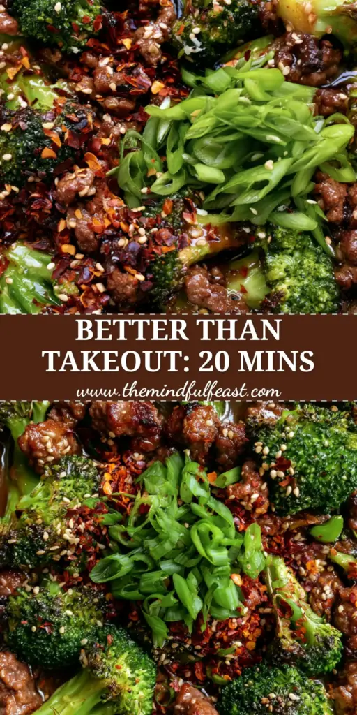 Easy Beef Recipes: 20-Minute Garlic Butter Ground Beef and Charred Broccoli 4 A top-down shot of a cast iron skillet with caramelized beef and charred broccoli, garnished with sesame seeds and scallions. (easy beef recipes)