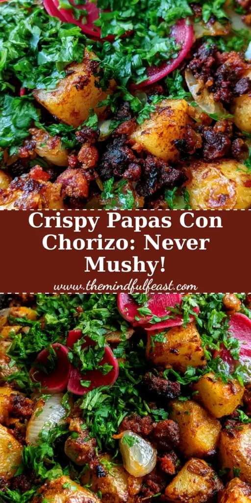 Papas con Chorizo: The Ultimate Crispy Mexican Potato and Sausage Skillet 4 A close-up shot of crispy Papas con Chorizo in a cast iron skillet with lime juice droplets and fresh radishes.