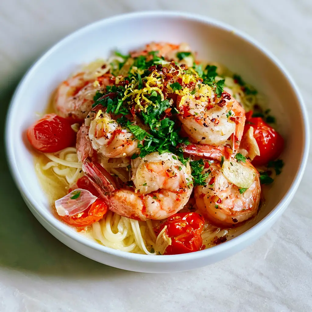 Close up view of seared pink shrimp with golden-brown edges and translucent garlic slices in a Mediterranean shrimp pasta.