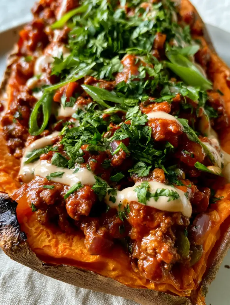 Sloppy Joe Sweet Potato Bowls: A Healthy Twist on a Nostalgic Classic 2 Extreme close-up showing the glossy texture of the Sloppy Joe meat and the charred edges of the roasted sweet potato. (Sloppy Joe Sweet Potato Bowls)