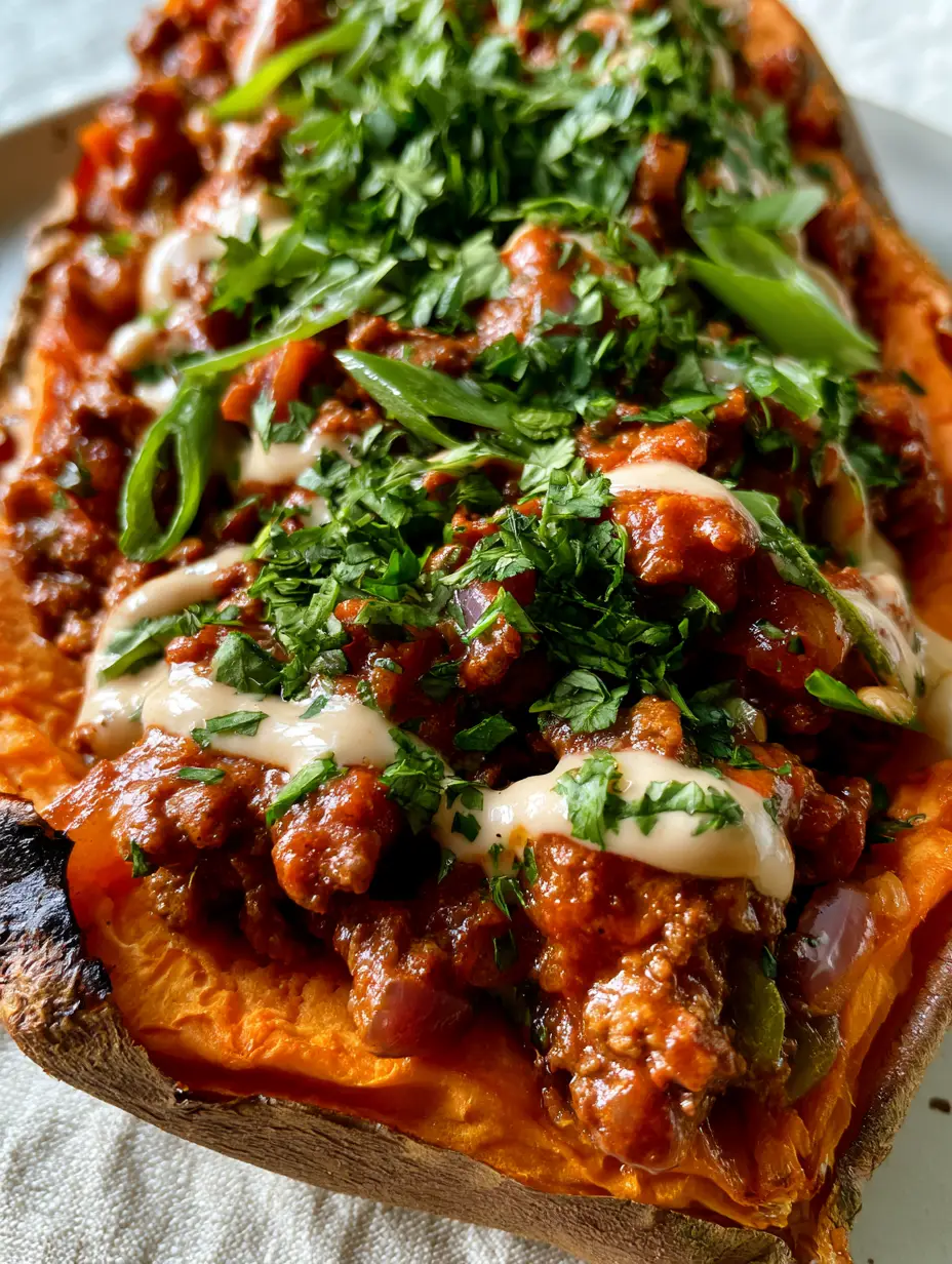 Sloppy Joe Sweet Potato Bowls: A Healthy Twist on a Nostalgic Classic 3 Extreme close-up showing the glossy texture of the Sloppy Joe meat and the charred edges of the roasted sweet potato. (Sloppy Joe Sweet Potato Bowls)