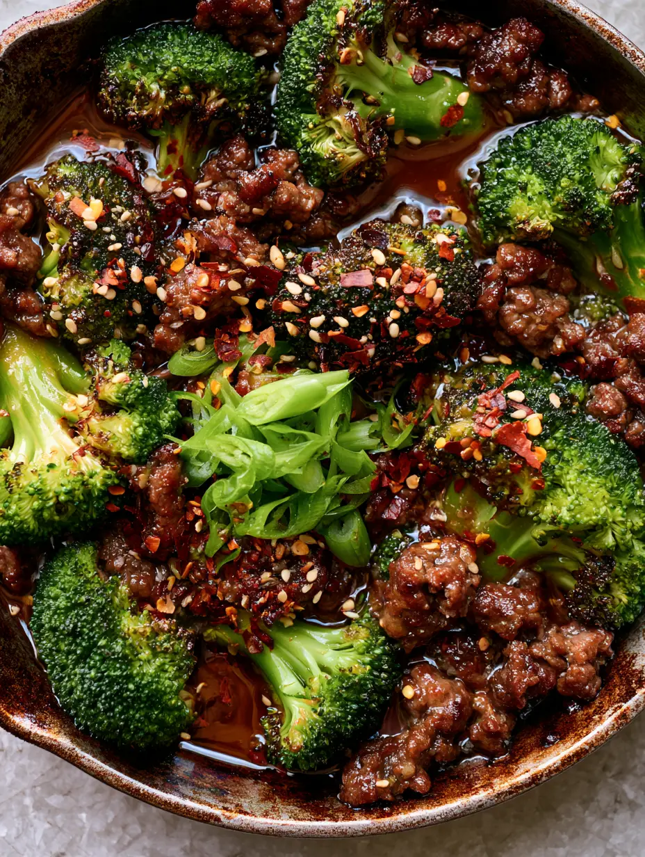 Easy Beef Recipes: 20-Minute Garlic Butter Ground Beef and Charred Broccoli 3 Macro shot of crispy ground beef crumbles and emerald green broccoli florets in a matte black skillet. (easy beef recipes)