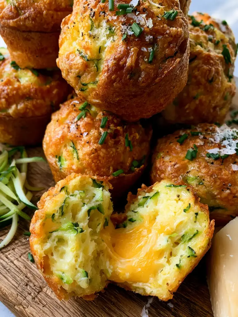 Parmesan Zucchini Muffins with a Crispy Cheese Crust and Molten Cheddar Center 2 Top-down macro shot of savory zucchini muffins with vibrant green flecks and a crispy parmesan cheese topping.