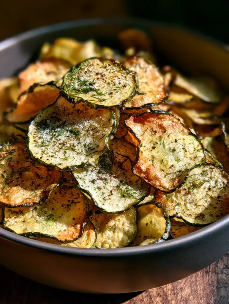 Ranch Cucumber Chips: The Crispiest Low-Carb Snack You’ll Ever Crave 2 Extreme macro of ranch cucumber chips showing the dusting of ranch powder and dried dill. (ranch cucumber chips)