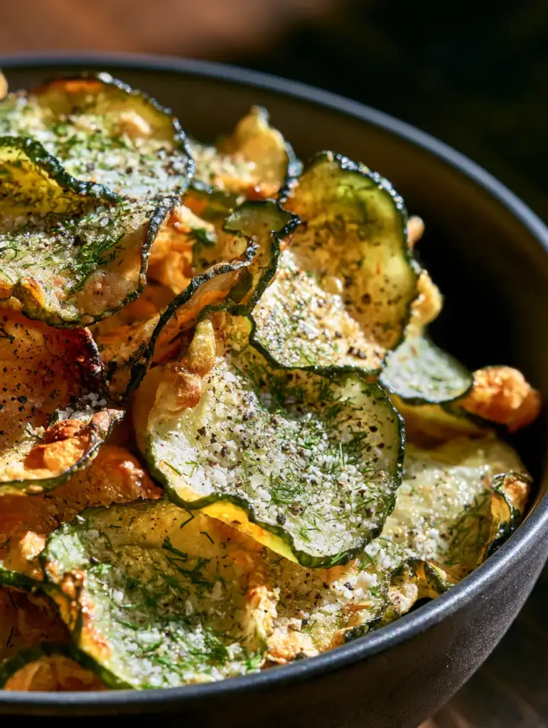 Ranch Cucumber Chips: The Crispiest Low-Carb Snack You’ll Ever Crave 1 Close-up of golden-brown ruffled edges of ranch cucumber chips on a dark wood background.