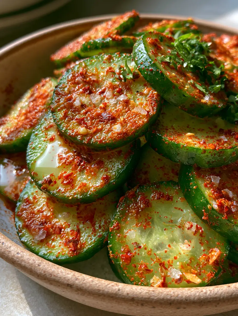 Cucumber Slices with Chili-Lime Dip: The Ultimate Zesty Summer Snack 3 Smartphone photo of thick-cut chilled English cucumber rounds with a moist surface heavily encrusted with red chili-lime seasoning. (cucumber slices with chili-lime dip)
