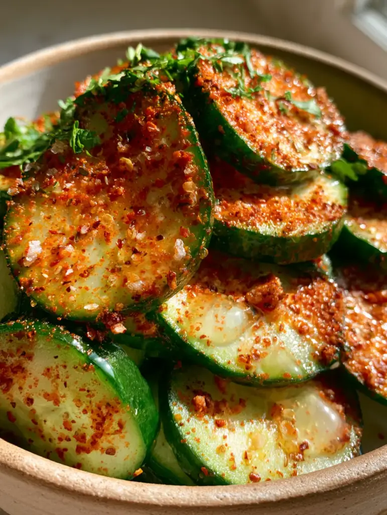 Cucumber Slices with Chili-Lime Dip: The Ultimate Zesty Summer Snack 1 Detailed view of sea salt granules and lime juice droplets on spicy cucumber slices with chili-lime dip.