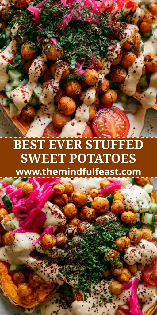 Mediterranean Stuffed Sweet Potatoes with Crispy Chickpeas and Garlic Tahini 4 Two Mediterranean Stuffed Sweet Potatoes topped with crispy chickpeas, cucumber, and ivory tahini sauce on a wooden table.