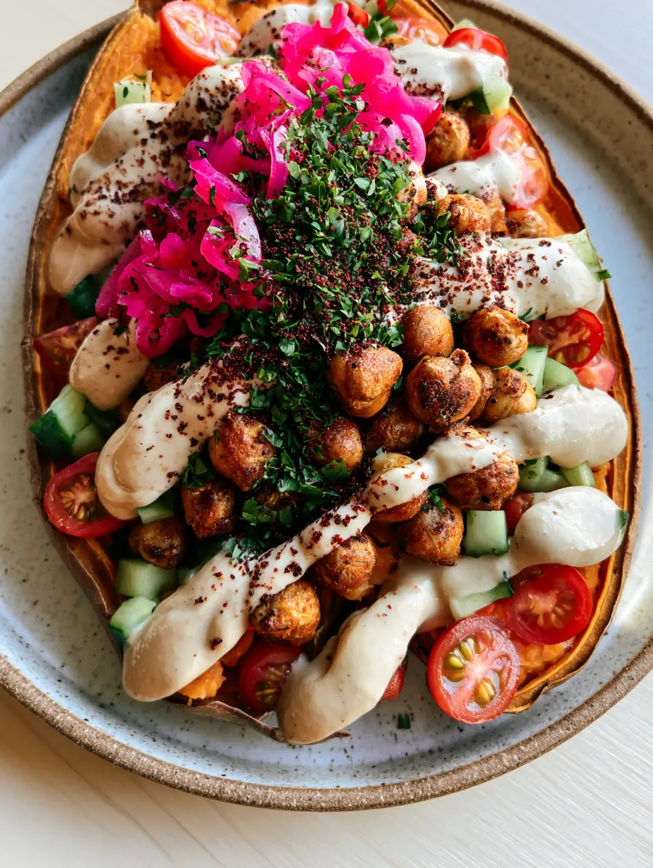Mediterranean Stuffed Sweet Potatoes with Crispy Chickpeas and Garlic Tahini 3 Top-down view of Mediterranean Stuffed Sweet Potatoes with neon-pink pickled onions and emerald parsley.