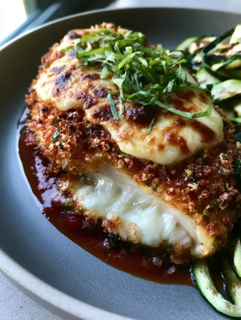 Baked Parmesan Chicken topped with melted mozzarella and toasted brown spots, served on a pool of marinara sauce.