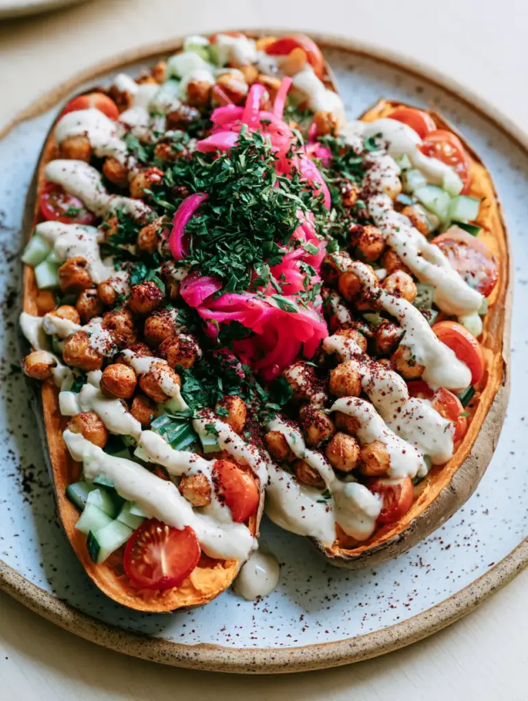 Mediterranean Stuffed Sweet Potatoes with Crispy Chickpeas and Garlic Tahini 1 Close up of ivory garlic tahini drizzled over Mediterranean Stuffed Sweet Potatoes.
