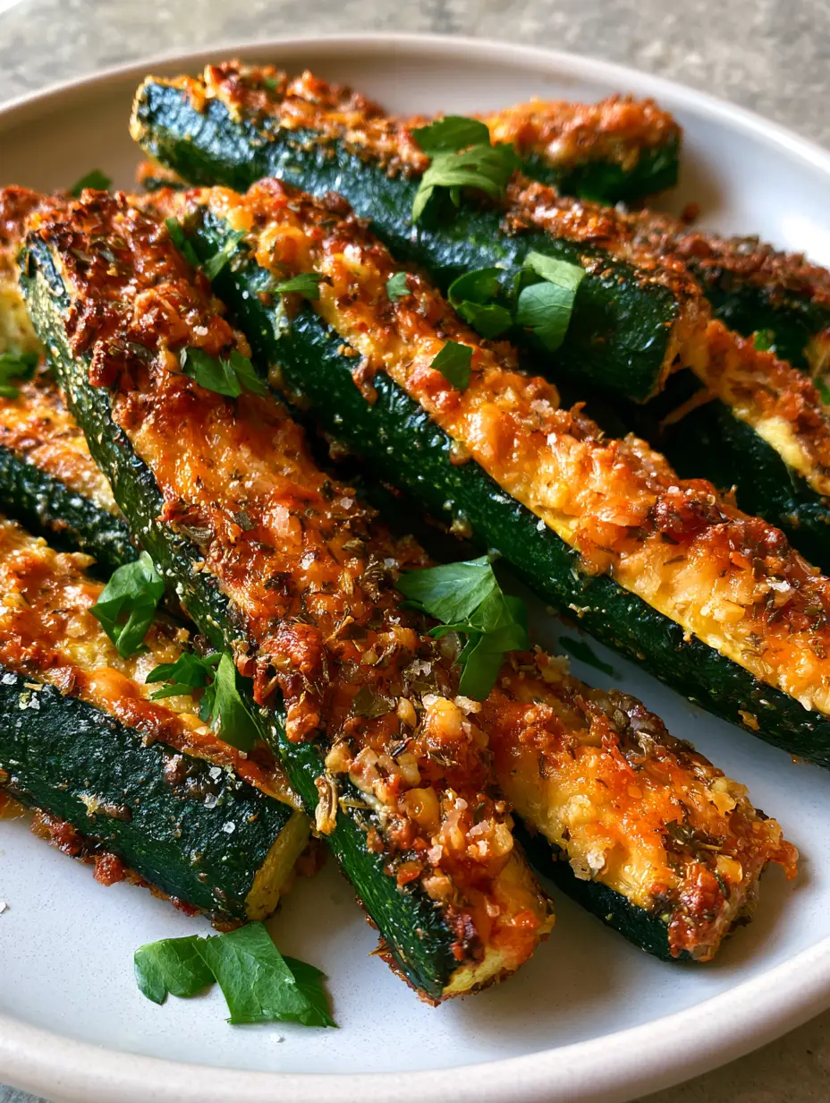 Garlic Parmesan Roasted Zucchini with a Shattered Gold Crust 3 An aesthetic pile of garlic parmesan roasted zucchini spears showing vibrant dark green skin and a crunchy toasted cheese topping.
