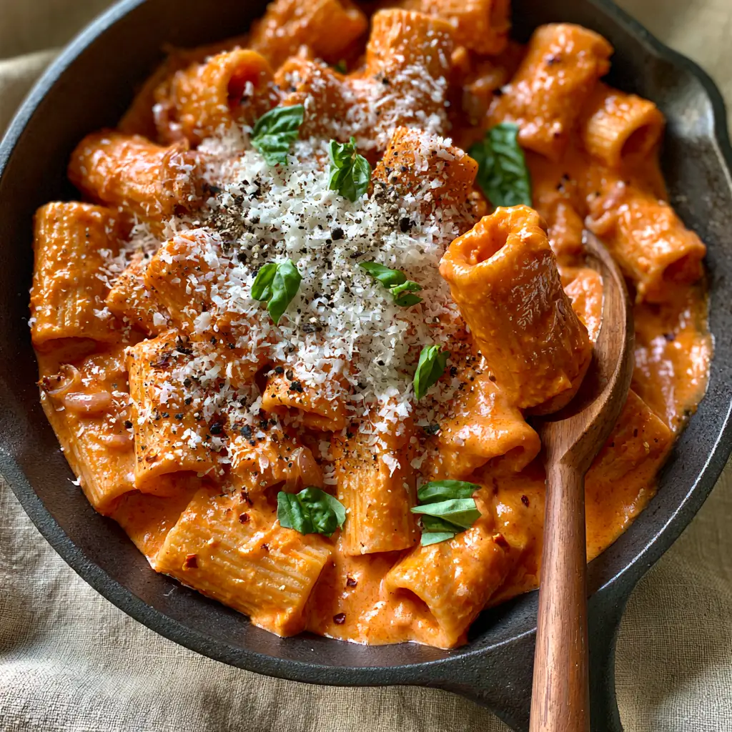 Pasta Alla Vodka with Glossy Cream Sauce and Silk-Coated Rigatoni 2 A handheld smartphone photo of glossy pasta alla vodka in a matte black cast iron skillet with a wooden spoon. (pasta alla vodka)