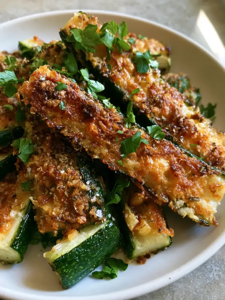Garlic Parmesan Roasted Zucchini with a Shattered Gold Crust 1 Detail shot of the bubbly toasted parmesan crust on roasted zucchini with flakes of Italian seasoning and sea salt.
