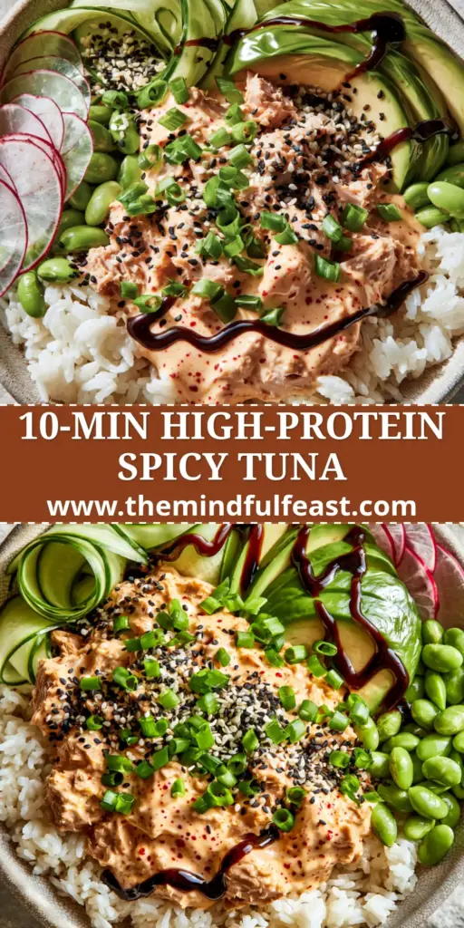 Spicy Tuna Bowls with Creamy Bang Bang Sauce and Jasmine Rice 4 A top-down view of two Spicy Tuna Bowls featuring vibrant cucumber ribbons, chunky sriracha tuna, and fanned avocado on jasmine rice.