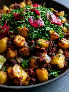 Macro top-down view of Papas con Chorizo featuring golden-brown potatoes and dark-red chorizo. (Papas con Chorizo)
