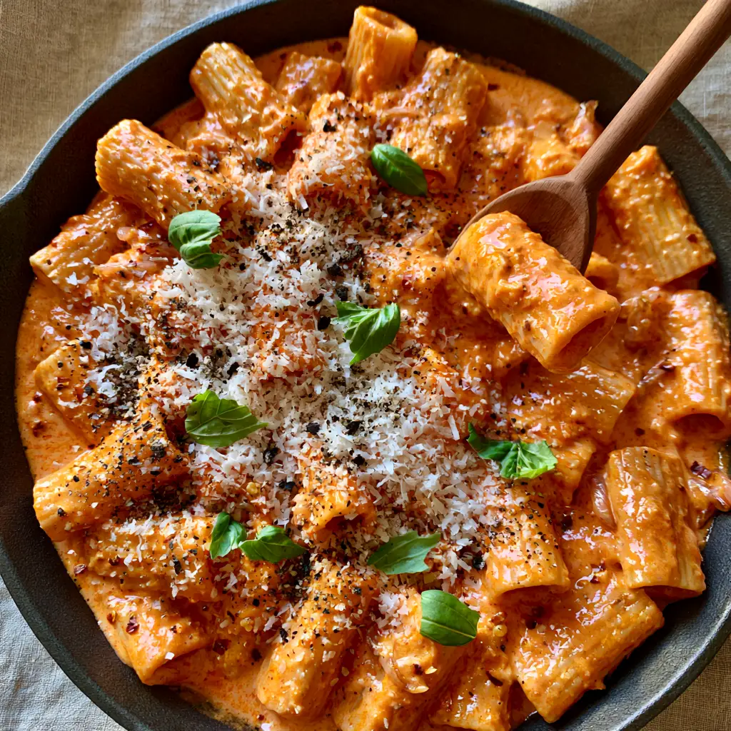 Pasta Alla Vodka with Glossy Cream Sauce and Silk-Coated Rigatoni 1 Overhead view of rigatoni pasta alla vodka topped with a snowfall of parmesan cheese and fresh torn basil.