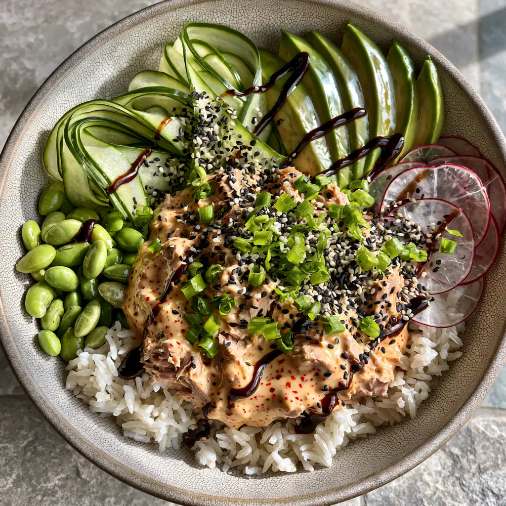 Spicy Tuna Bowls with Creamy Bang Bang Sauce and Jasmine Rice 2 Close-up of Spicy Tuna Bowls with creamy bang bang sauce, radishes, and edamame in a matte gray bowl.