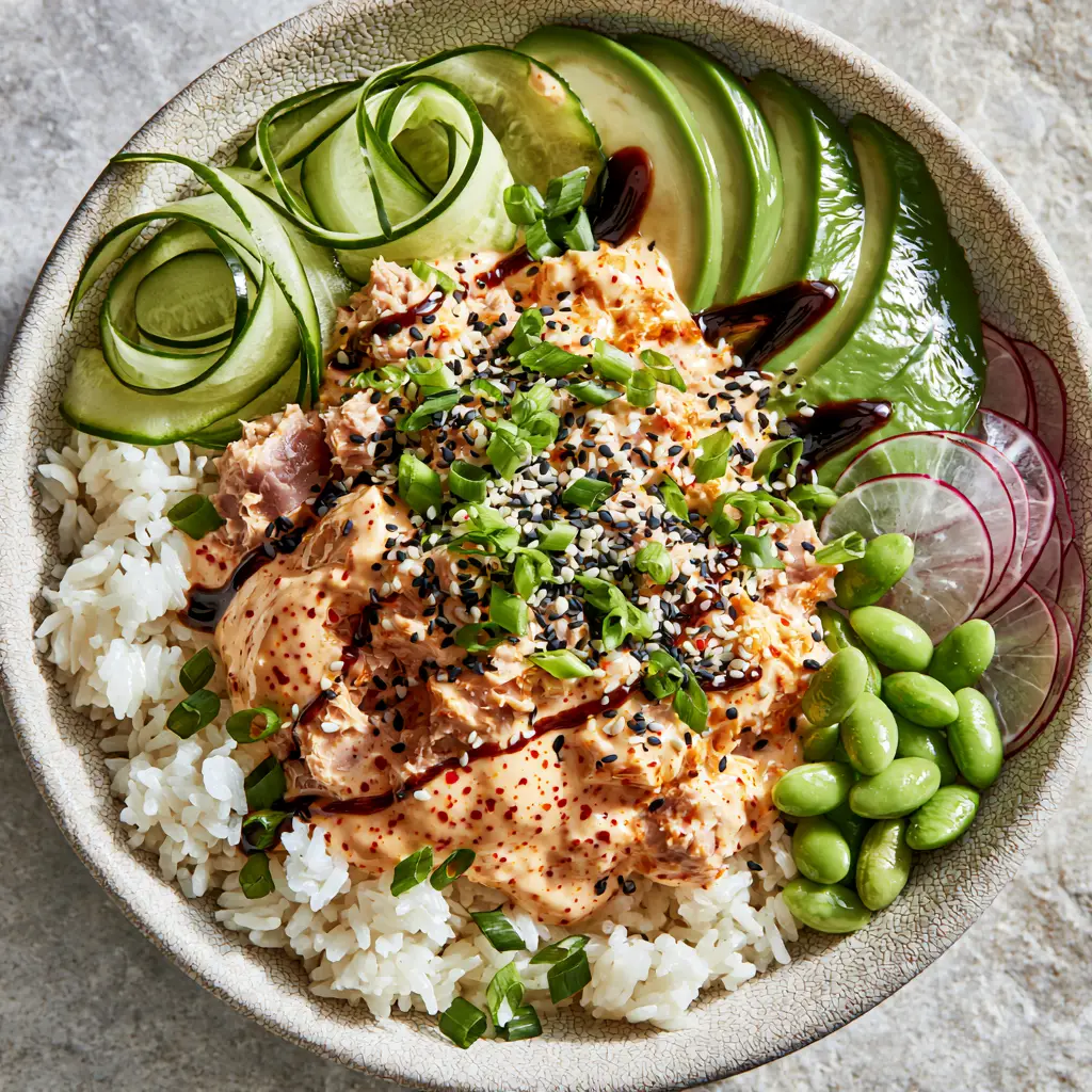Spicy Tuna Bowls with Creamy Bang Bang Sauce and Jasmine Rice 1 Visual texture of flaked tuna and glossy unagi drizzle in Spicy Tuna Bowls.