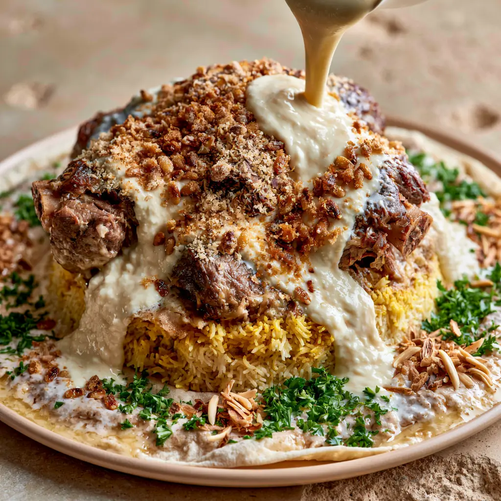 Mansaf Recipe: The Ultimate Guide to Jordan’s Authentic National Feast 2 Close up of succulent braised lamb chunks on top of golden turmeric rice. (Mansaf recipe)