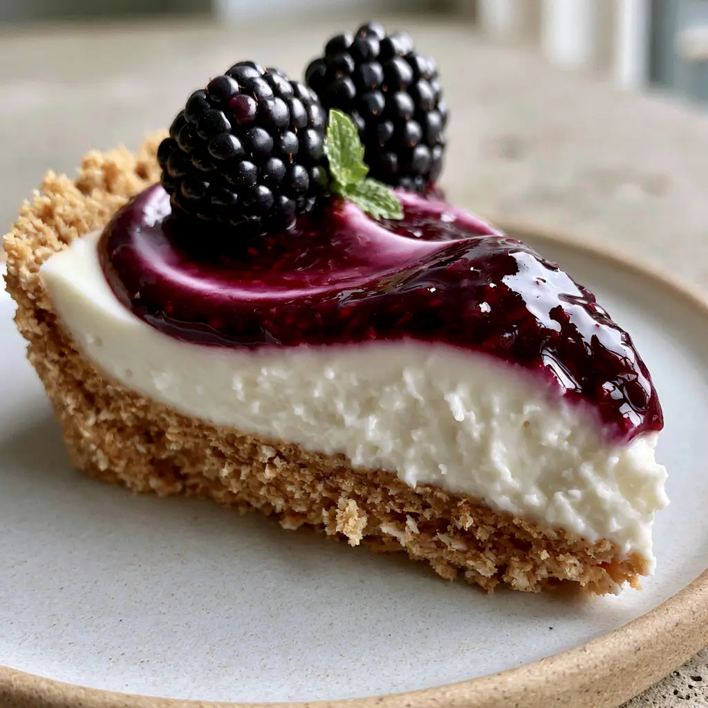 Blackberry Cheesecake: The Ultimate No-Bake Summer Masterpiece 1 Side view of a thick graham cracker crust and smooth cream cheese layer. (Blackberry Cheesecake)