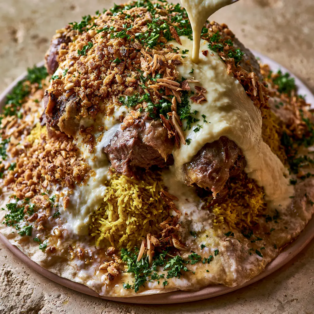 Mansaf Recipe: The Ultimate Guide to Jordan’s Authentic National Feast 1 A wide angle shot of the Mansaf platter with heavy nut and parsley garnish.