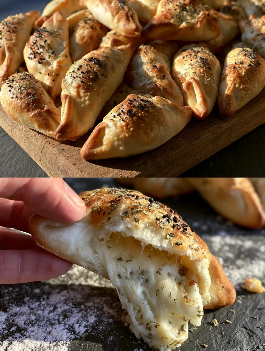 Split screen showing rustic cheese fatayer on top and a gooey cheese pull on the bottom. (cheese fatayer)