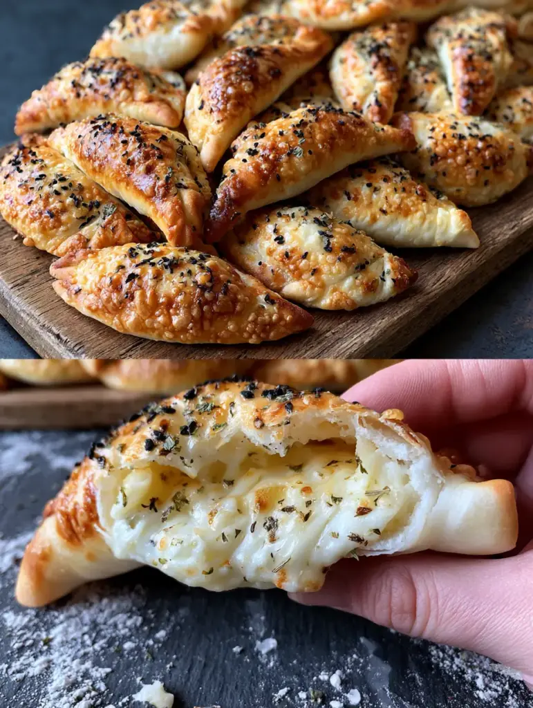 Close up of a single fatayer being pulled apart to show steaming melted Akkawi and Halloumi cheese.