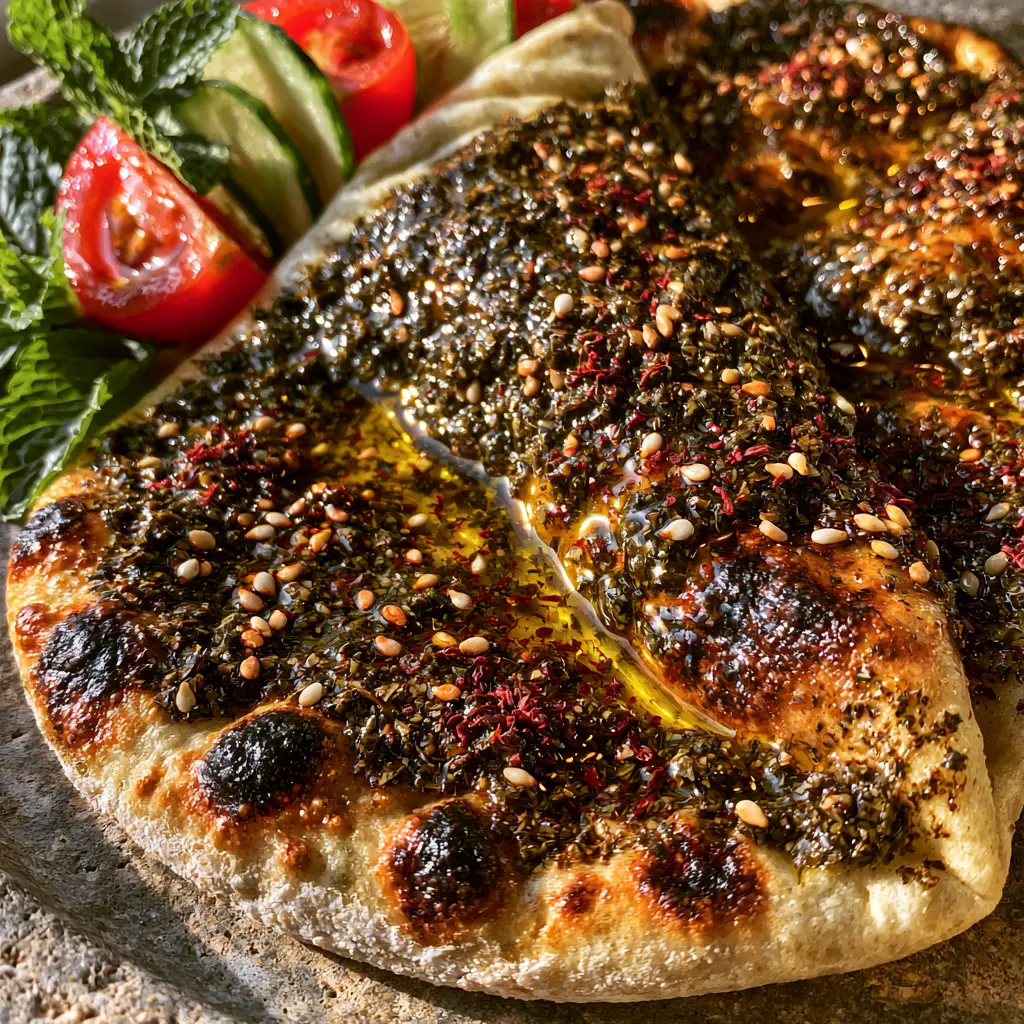 Manakeesh Recipe: How to Make Authentic Za'atar Flatbread 2 A smartphone photo of soft Manakeesh bread showing pillowy dough and charred golden bubbles topped with thick zaatar paste. (Manakeesh recipe)