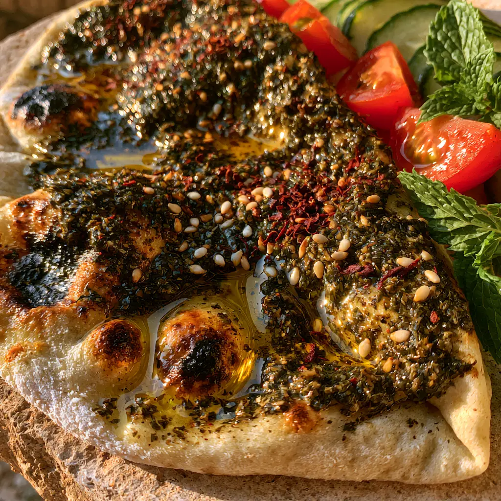 Manakeesh Recipe: How to Make Authentic Za'atar Flatbread 1 Overhead view of Lebanese zaatar bread garnished with mint sprigs, cucumber ribbons, and crimson sumac flakes.